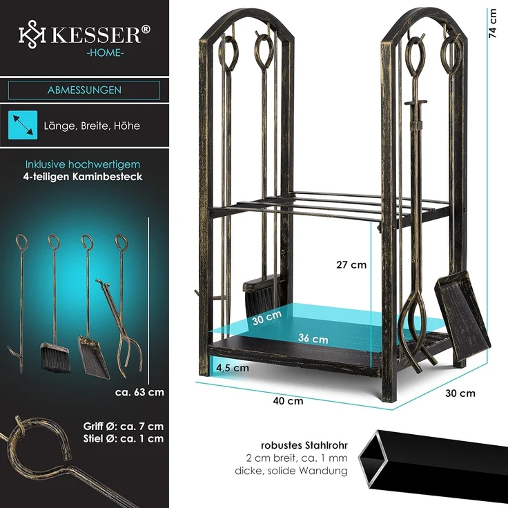 KESSER® Kaminholzregal 5-teiliges Set Kaminholzständer Feuerholzablage Brennholzregal Innen und Aussen Metall 2 Ebenen 4 Kaminwerkzeug für Kamin & Ofen, Stahl 40 x 30 x 74,5 cm Verstellbar Gold/Schwarz – Bild 7