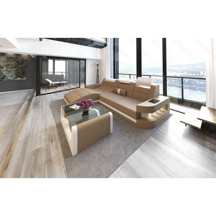 Mini Ecksofa Wave L Form aus Leder - Echtleder - sandbeige-weiß - Links – Bild 4