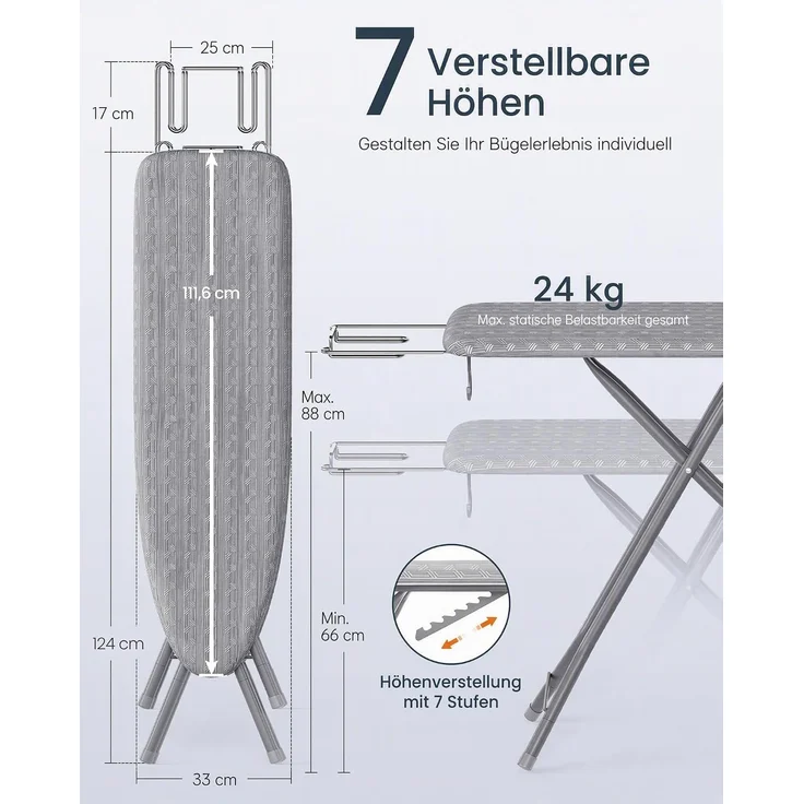 SONGMICS HOME Bügelbrett 7-Stufig Höhenverstellbar und Klappbar mit Stahlgestell (111,6-124) x 33 x (66-88) cm Taubengrau – Bild 4