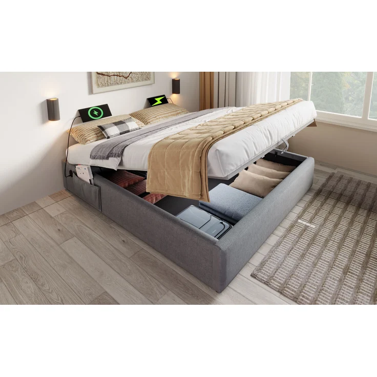 Bettgestell, Baumwoll-Leinen mit Stauraum & USB-Anschluss, 140x200 cm, Grau, ohne Matratze – Bild 2