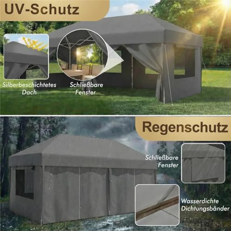 JUMMICO Pop Up Faltpavillon 3x6 Pavillon mit Netzfenstern zur Belüftung, UV-Schutz 50+, mit 4 Seitenwänden, wasserdicht stabil Winterfest，Faltbar Partyzelt Gartenzelt Gartenpavillon, Grau – Bild 7