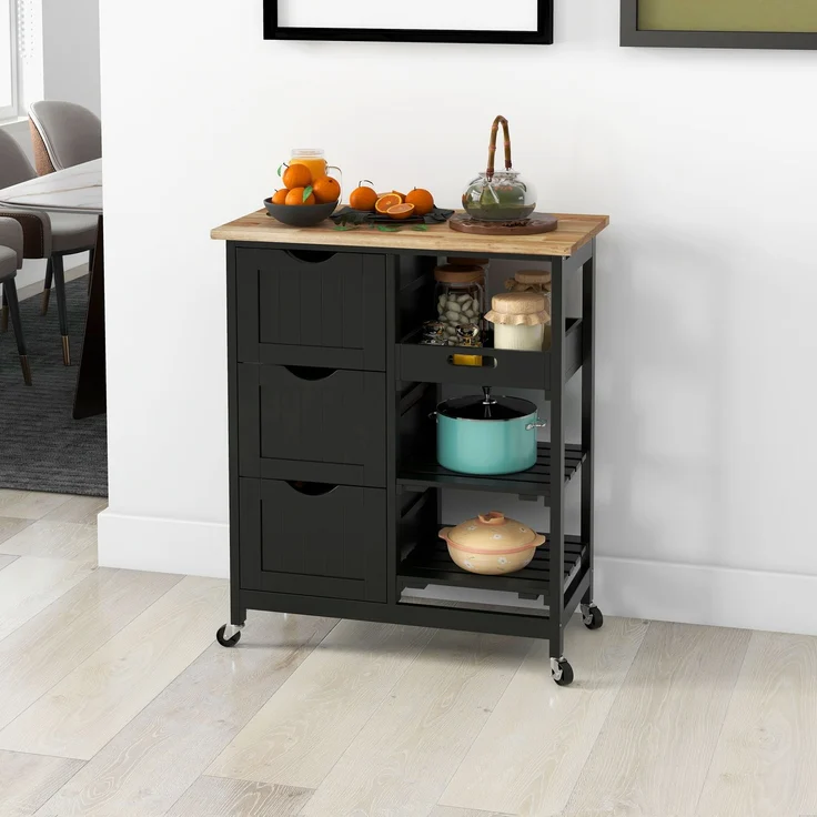 Wohnora-Küchenwagen mit Rollen, Holzarbeitsplatte, 3 Schubladen und 1 herausnehmbarem Tablett, 67 x 37 x 85,5 cm, schwarz,H 855cm x T 670cm x B 370cm – Bild 3
