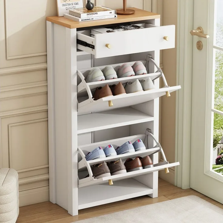 Celya Schuhschrank mit 1 Schublade und 2 Klappen (mit verstellbaren Einlegeböden und Metallgriffen) Ideal für Flur und Eingangsbereich