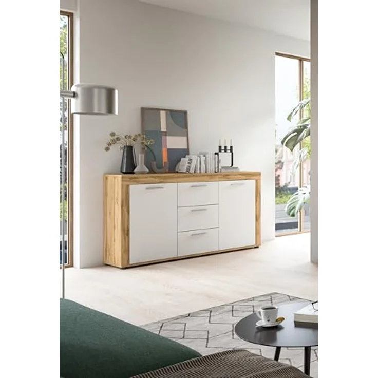 Xonox Sideboard, Weiß, Holzwerkstoff, 125x80x35 cm, 3 Schubkästen, 4 Einlegeböden, FSC®-zertifiziert – Bild 6