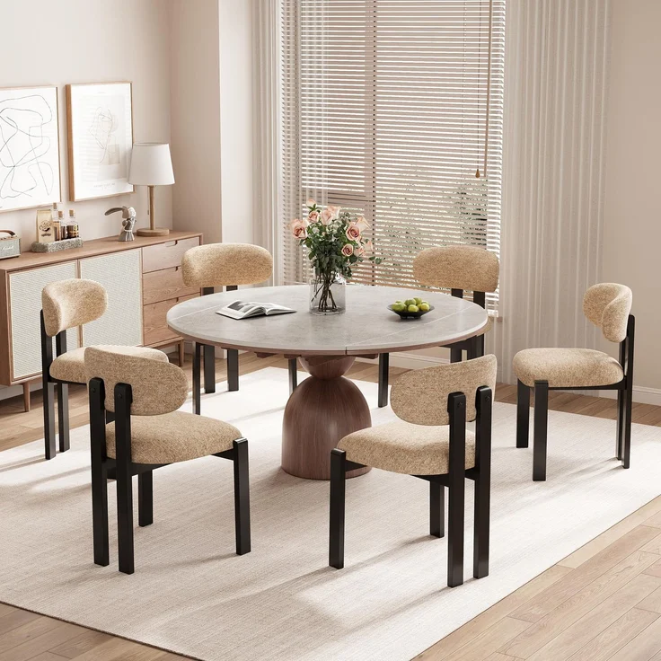 MALOL Esszimmerstühle 6er Set, Moderne Polsterstuhl Essstühle mit Fester Rückenlehne, Stoff Esszimmerstühl mit Holzbein für Esszimmer, Küche, Restaurant, Mit schwarzen Beinen, Kamel
