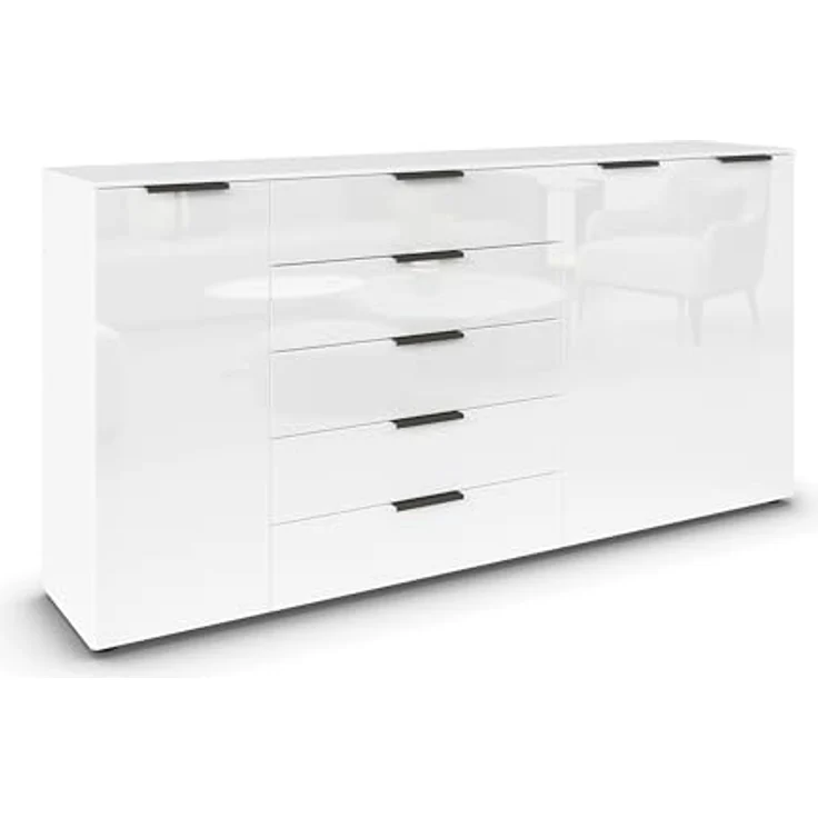 Rauch Möbel Flipp, Kombikommode, Kommode mit Stauraum für Wohnzimmer, Schlafzimmer, Flur, 4 Fachböden, Alpinweiß/Glasfront Weiß, 3-türig, Glastüren, 5 Schubkästen, Griffe graphit, 199 x 100 x 42 cm – Bild 2