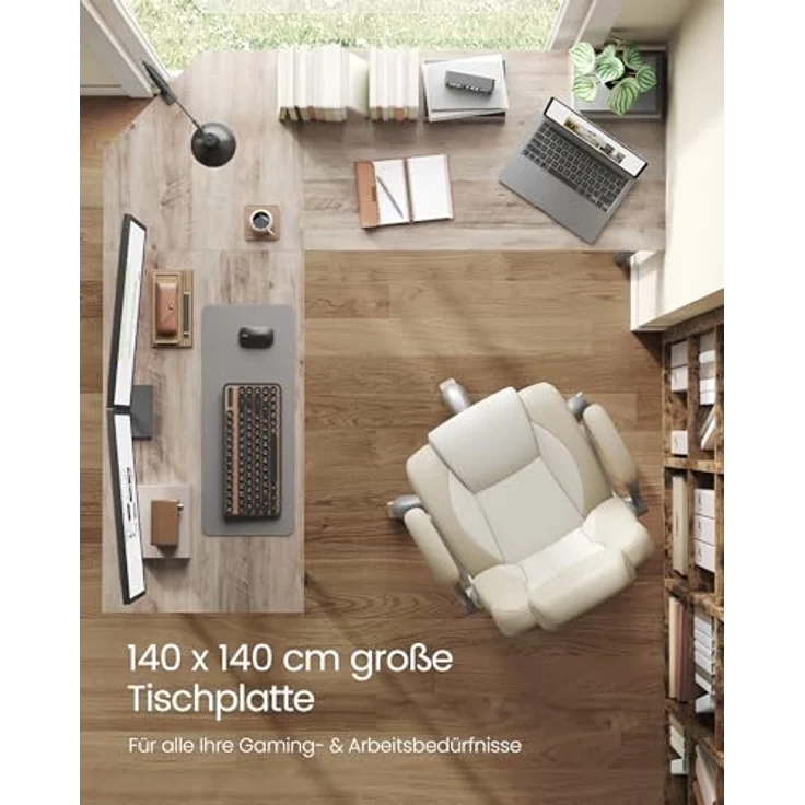 VASAGLE Schreibtisch, L-förmiger Computertisch, 140 x 140 x 76 cm, Eckschreibtisch, platzsparender Bürotisch, Gaming, Homeoffice, einfacher Aufbau, Greige meliert-tintenschwarz LWD073B02V1 – Bild 5