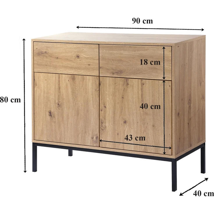 Casâme 'LENNY' Kommode, 2 Türen, 2 Schubladen, Eichendekor - L90 x H80 cm - Eiche – Bild 9