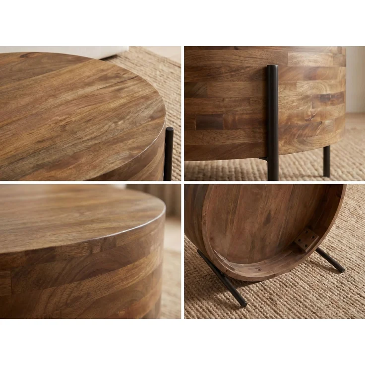 FINEBUY Couchtisch FB117907 Sofatisch Massivholz Rund 70cm Wohnzimmertisch Beistelltisch (Stabiler Sofatisch mit dunklen Metallbeinen), Pflegeleichte Oberfläche aus echtem Mangoholz – Bild 4