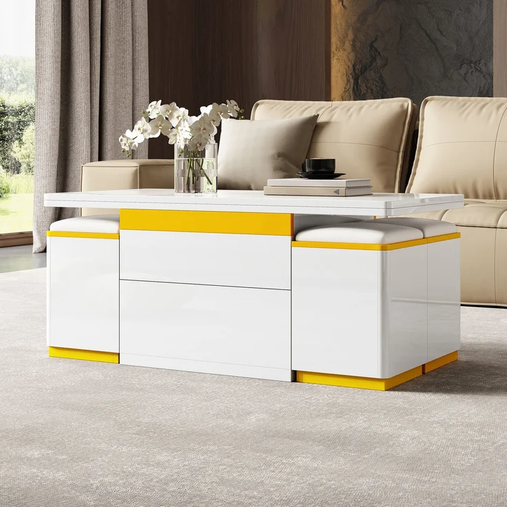 EINHOM Moderner Weiß Hochglanz-Couchtisch, Stilvoller Beistelltisch, Multifunktionaler, Höhenverstellbarer Couchtisch, Klappbarer Esstisch/Wohnzimmermöbel, 100 x 50 x 43 cm (L x B x H) – Bild 4