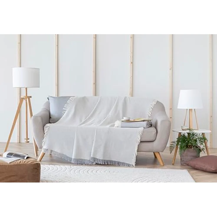 Todocama Mehrzweck-Tagesdecke, Tagesdecke, Überwurf für Bett, Sofaüberwurf, Jarapas, einfarbig (180x260 cm, hellgrau). – Bild 7