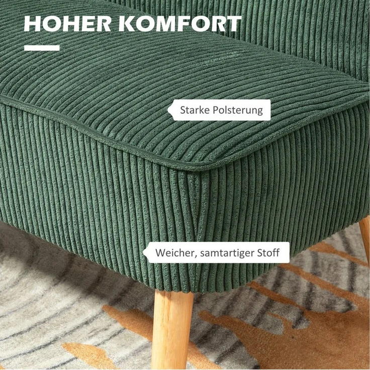 HOMCOM Polstersofa 2-Sitzer, mit Holzbeinen und Cord-Optik, Grün, 117 x 56,5 x 77 cm – Bild 6