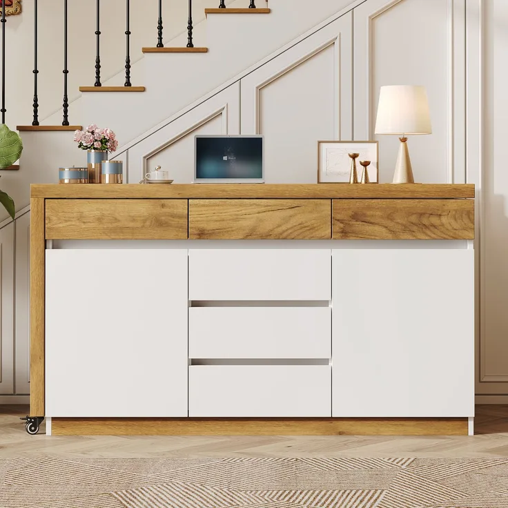 Schreibtisch-Set 78x120x45 cm mit Sideboard, Rollen und 6 Schubladen, Weiß/Eiche-Optik