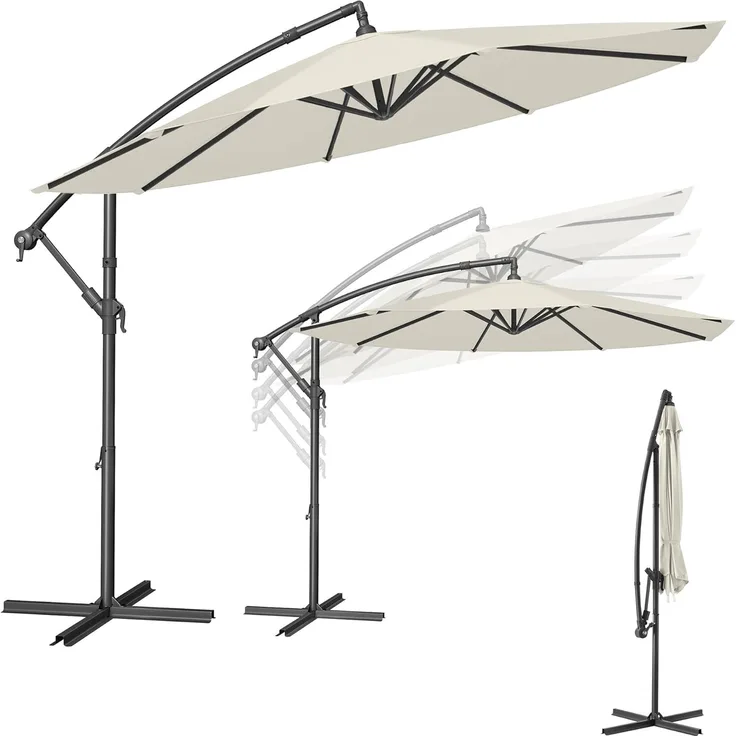 Songmics Sonnenschirm, UV-Schutz UPF 50+, mit Kurbel, mit Ständer, Beige, Ø 300 cm