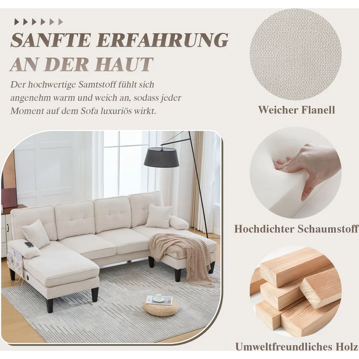 U-förmiges 4-Sitzer-Stoffsofa 250 cm mit 2 Chaiselongues, USB-C, Seitentaschen und Kissen, gepolsterte Wohnlandschaft, Beige – Bild 6