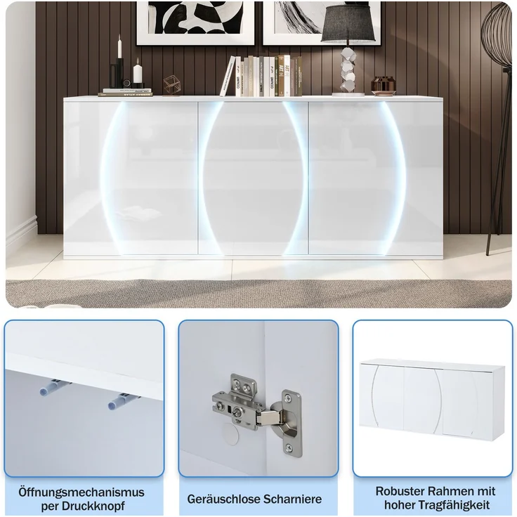 DESVIAE Sideboard mit 3 Türen und LED-Beleuchtung 150x70x40 cm Spanplatte Weiß – Bild 5
