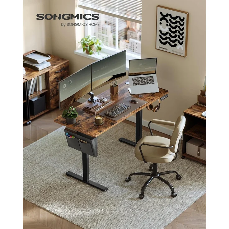 Songmics Höhenverstellbarer Schreibtisch elektrisch, 60x140 x (72-120) cm, Verstellbarer Tisch, Memory-Funktion für 4 Höhen, für Homeoffice, Arbeitszimmer, vintagebraun-tintenschwarz LSD134K01 – Bild 3