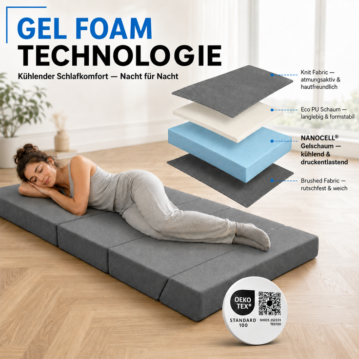 Arensberger Multifold Klappmatratze 140x200 cm, 15 cm hoch – Gästebett klappbar, Faltmatratze & Campingmatratze, Klappsofa, Gel Foam, OEKO-TEX 100 – Bild 2