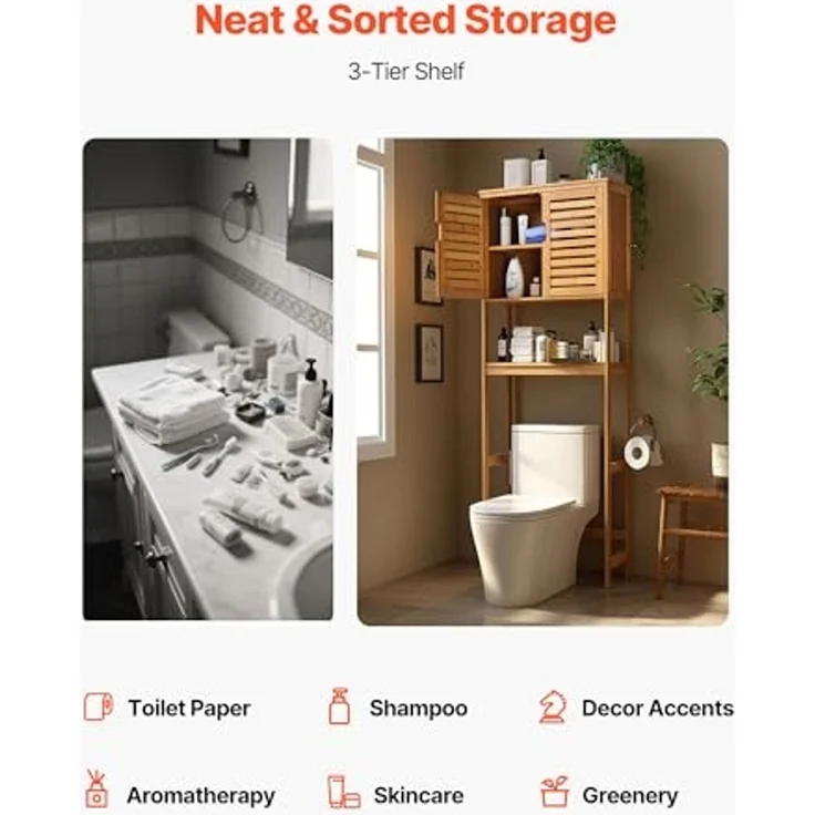 VEVOR Toilettenschrank Badezimmerschrank mit Doppeltür & verstellbarem Regal, platzsparender 3-stöckiger Badschrank über der Toilette mit offenem Regal, 65 x 27 x 175 cm Aufbewahrungsschrank Natur – Bild 5