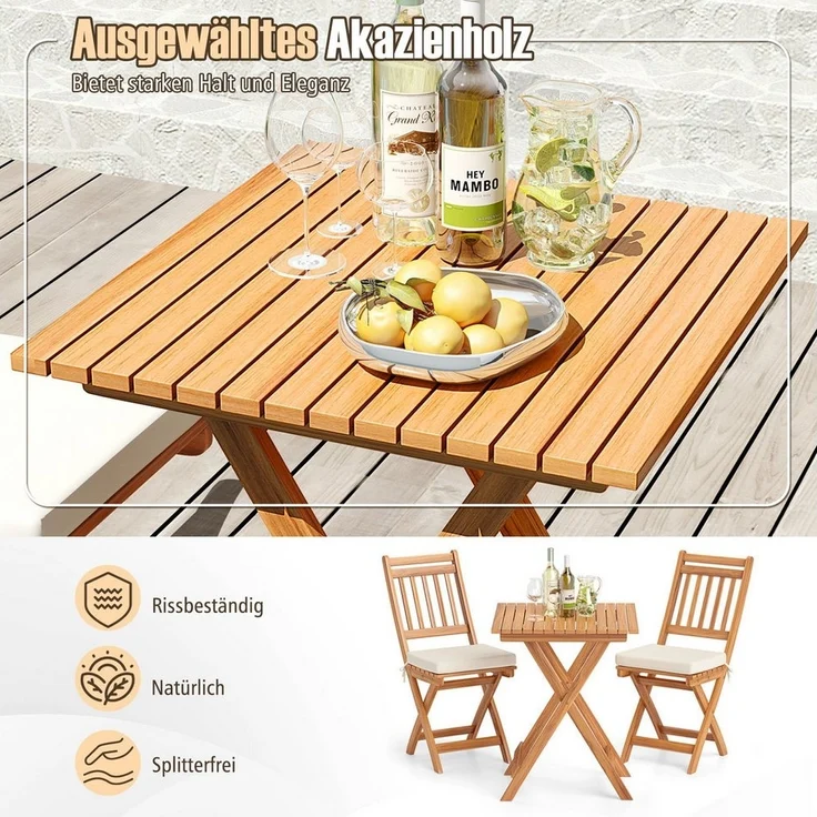 COSTWAY Balkonset, (3-tlg), Bistroset klappbar, mit Sitzkissen, Akazienholz – Bild 3