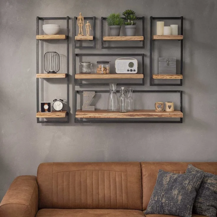 Wandregal aus Akazienholz massiv, Industrial Design mit Metallrahmen, natur, 40 cm, Baumkante – Bild 8