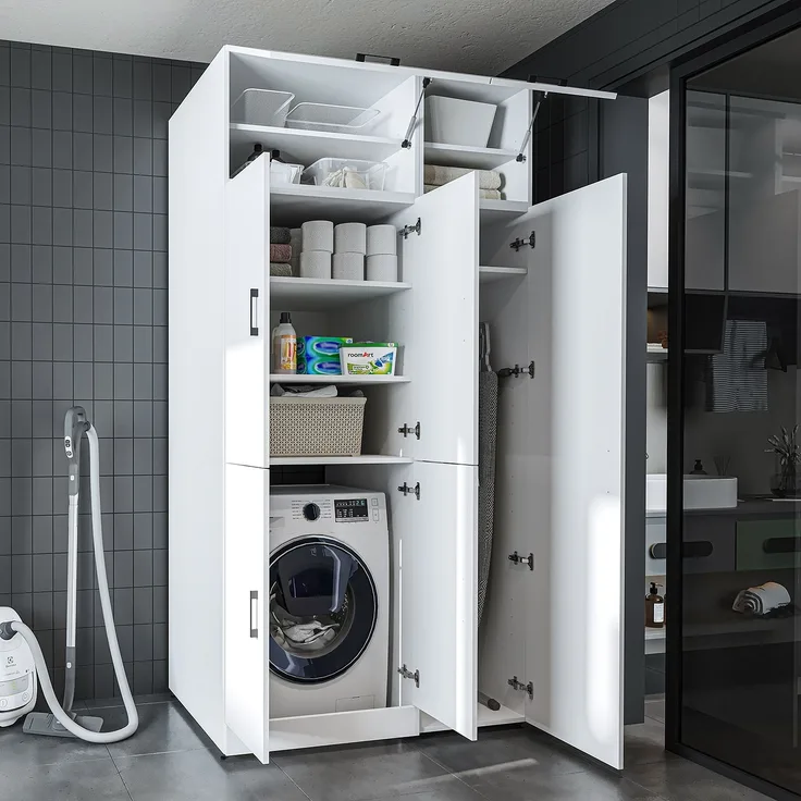 Roomart Waschmaschinenschrank - DORA-II- 115 cm breit - Wasch- & Trocknerschrank mit Türen, Waschmaschinen-Überbau für Waschküche & Hauswirtschaftsraum • Weiß