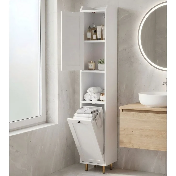 TLGREEN Badkommode Badezimmerschrank mit Wäschekorb, (37 L Wäschebeutel, Standschrank mit 4 Aufbewahrungszonen), verstellbare Böden, 25 kg Tragkraft, Kippschutz – Bild 1