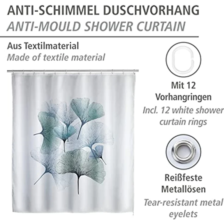WENKO GINKGO Duschvorhang, 180 x 200 cm, Polyester, waschbar – Bild 3