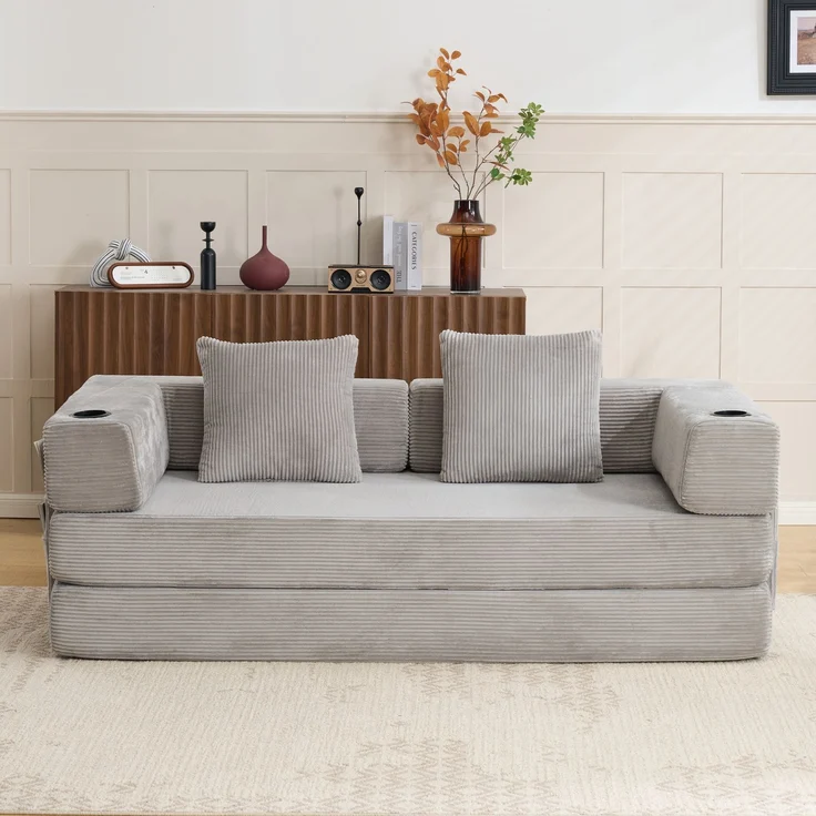 Wohnora-Floor Couch,Compression Sofa,Convertible Floor Sofa Bed-with Pillow Back Support Armrest,Comfy Sleeper Bed With Cupholder&Side Pocket,Corduroy Fabric,for Living Room Bedroom,Light Grey,H 60cm x T 185cm x B 925cm,HELLGRAU – Bild 3