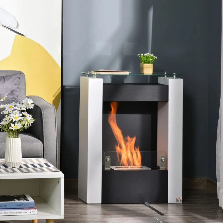 JARDJ Bioethanol-Kamin mit 0,9-Liter-Brenner und Ablagefläche aus gehärtetem Glas, 60 x 20 x 79 cm, Stahl, schwarz-weiß – Bild 4