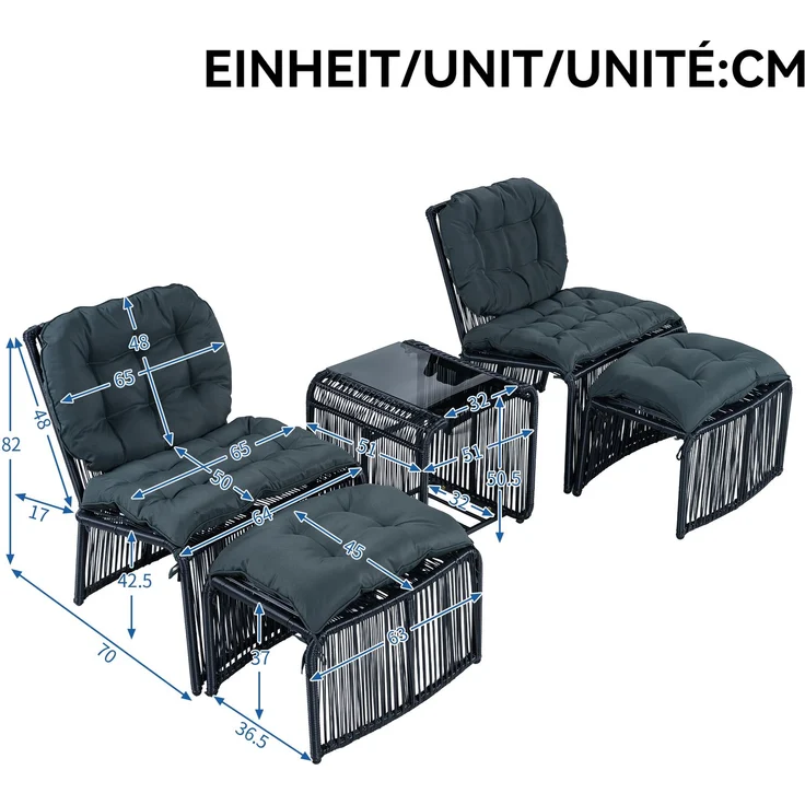 LVHOM Gartenmöbel-Set 5-tlg, Balkonmöbel-Set mit 2 Sessel, 2 Hocker und Tisch, inkl. Sitzpolster, Sitzgruppe Polyrattan, Wetterfestes Lounge-Set – Bild 4
