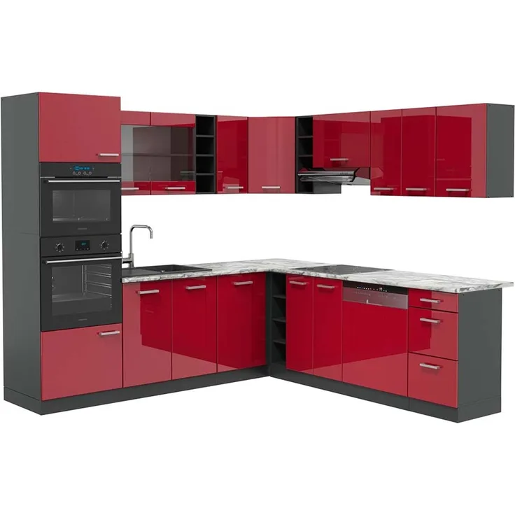 Eckküche R-Line Rot Hochglanz/Anthrazit 247 x 237 cm, AP Marmor Vicco