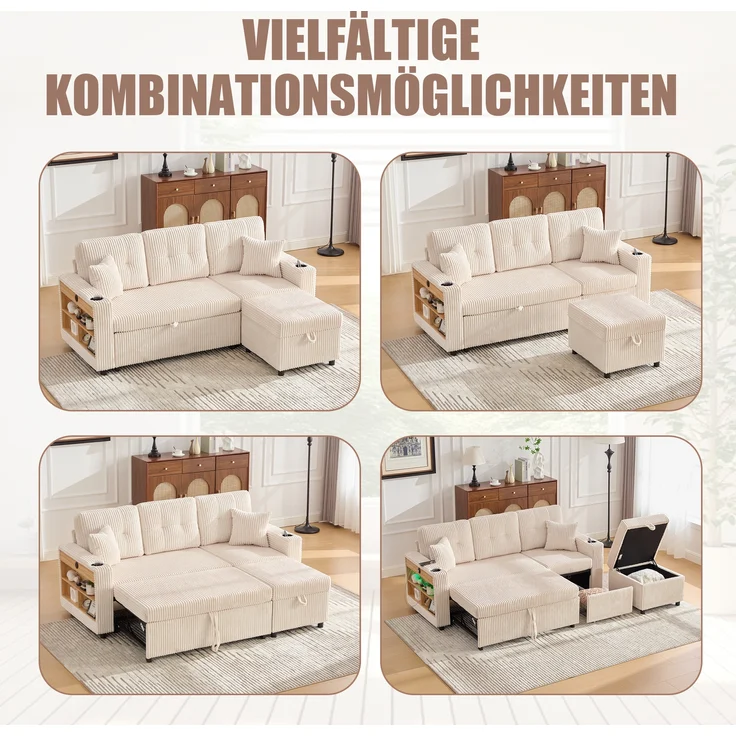 LVHOM Schlafsofa mit LED & USB, Ecksofa mit Ablagefächern, Schublade und Becherhaltern, Schlafcouch aus Cordstoff, frei Kombination, 196x144x85 cm – Bild 3