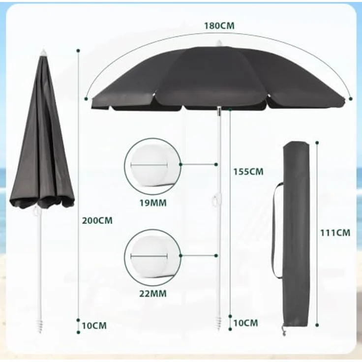SUNULA Sonnenschirm 160 cm, knickbar und höhenverstellbar mit Bodenhülse & Schutzhülle, UV-Schutz 50+, weiß/silber – Bild 7