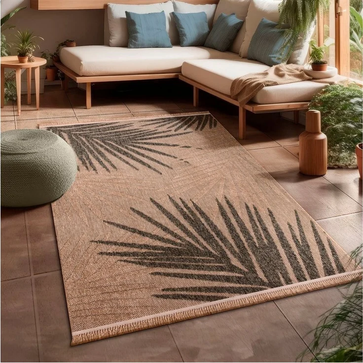 Paco Home Teppich Cologne 491, rechteckig, Höhe: 11 mm, Flachgewebe, Blätter, Hoch-Tief Effekt, mit Fransen, Outdoor geeignet – Bild 1
