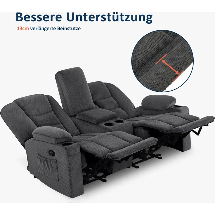 M MCombo Elektrisch 2 Sitzer Sofa mit Schlaffunktion, 2er Relaxsofa mit Taste 150° Verstellbar, Kinosessel mit Liegefunktion, Konsole & USB & Getränkehalter, 7009 (Grau) – Bild 6