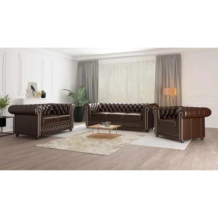 S-Style Möbel Chesterfield-Sofa Jeff, 2-Sitzer aus veganem Leder mit Holzfüßen, mit Wellenfederung – Bild 6
