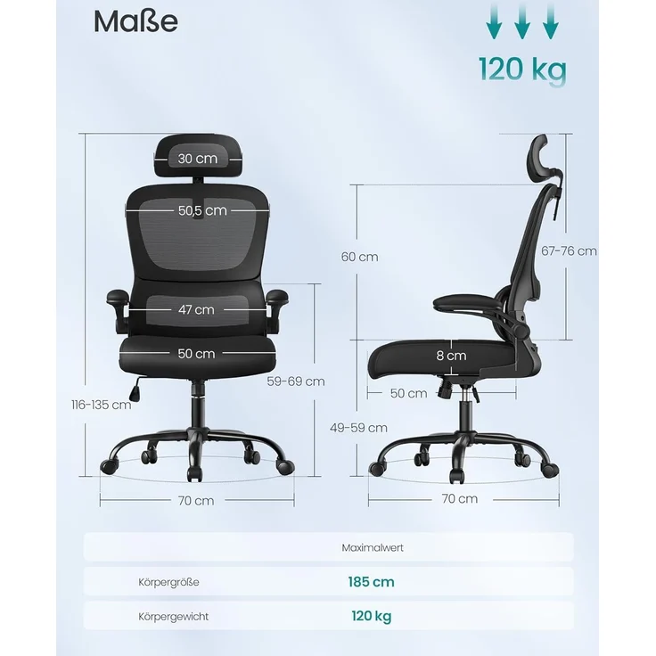 SONGMICS Bürostuhl, Schreibtischstuhl, ergonomischer Netzstuhl, mit doppellagigem Netzgewebe, atmungsaktiv, Adaptive Lendenstütze, verstellbare Kopfstütze, für Homeoffice, tintenschwarz – Bild 2