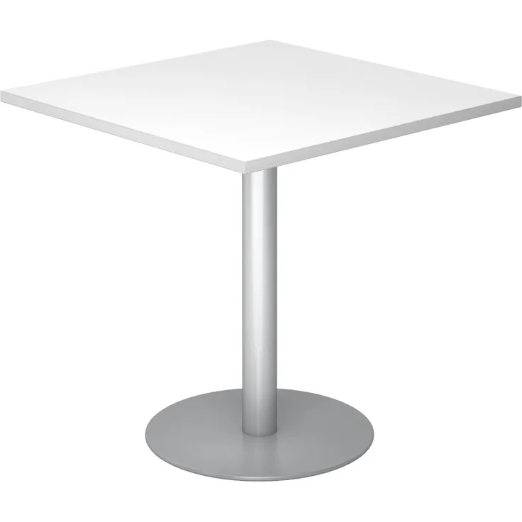 bümö Besprechungstisch, Esstisch klein, Tisch eckig 80x80 cm - kleiner Esstisch weiß, Rundtisch Esstisch 2 Personen mit Holz-Platte, Säule aus Metall in silber, Konferenztisch, Bistrotisch, STF88-W-S