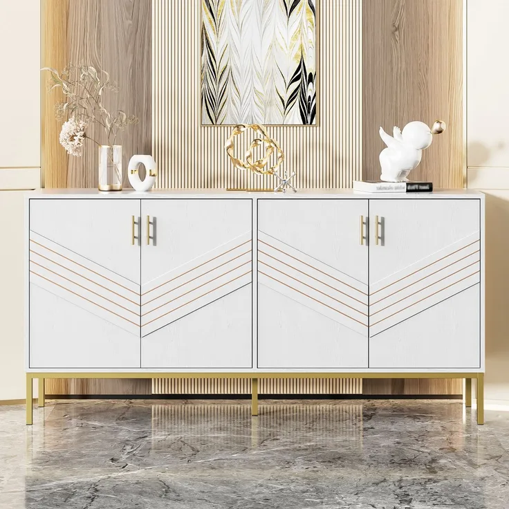ZUBALIYA Sideboard 160x40x80,5 cm, mit verstellbaren Einlegeböden, mit 4 Türen, aus MDF, Weiß / Holzfarben