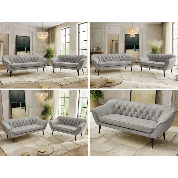 Skandinavisches Sofa Set PIRS 3-2, Komplettset, Wellenfederung, schwarze Füße, Sitzgruppe, Polstermöbel Set - Hellgrau Velvet – Bild 2