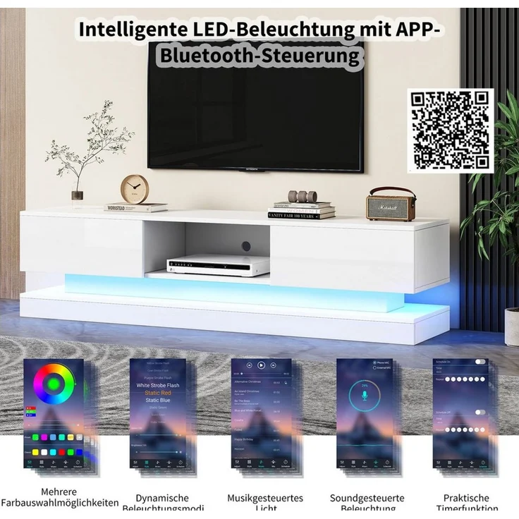 STILVORA Lowboard mit LED&Schubladen,TV-Schrank TV-Ständer Hochglanz mit Kippschutz (TV-Schrank hochglanz, TV-Board, 1 St, Breite:160cm), mit LED-Beleuchtung, 2 Schubladen, App-Steuerung, Anti-Kipp-Design – Bild 2