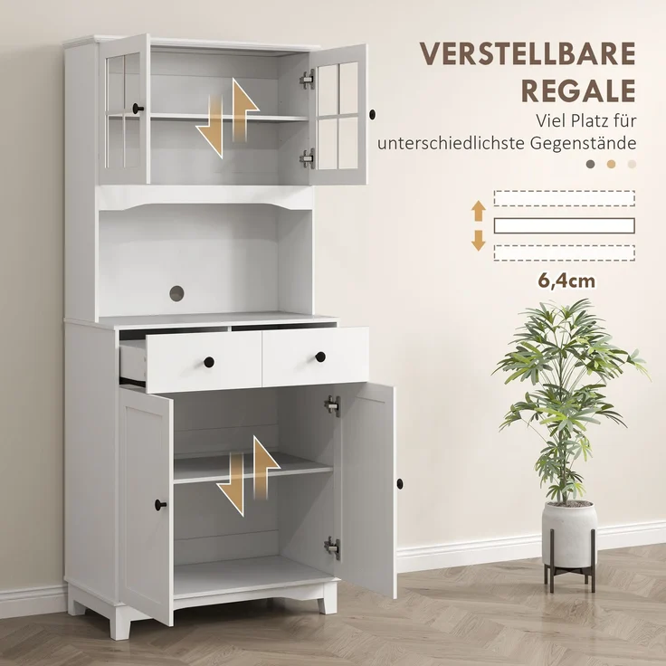 ZUBALIYA Küchenschrank (68 x 39,5 x 170 cm), 2 Schubladen, Lamellengestaltung, Verstellbare Einlegeböden, Weiß – Bild 5