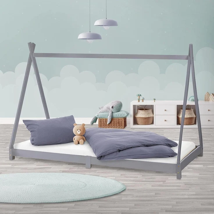 ML-DESIGN Spielbett Hausbett Tipi Zeltbett inkl. Lattenrost Bodenbett Kinder Himmelbett, Abenteuerbett zum Spielen Zelt Kinderbett Kiefer Bettenhaus Bett Grau – Bild 1