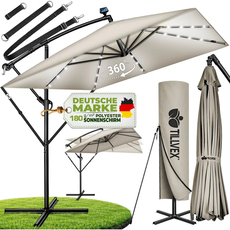 tillvex® Alu Sonnenschirm Rechteckig Ø 330 cm mit LED Solar Taupe + Abdeckung mit Kurbel | Ampelschirm mit Ständer & Windschutz | Gartenschirm UV-Schutz, wasserdicht, 360° drehbar | Kurbelschirm Marktschirm – Bild 6