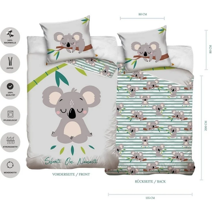 MTOnlinehandel Bettwäsche Koala 135x200 + 80x80 cm, 100 % Baumwolle, Renforcé, 2 teilig, chillige Bettwäsche für Kinder, Jugend & Erwachsene – Bild 3