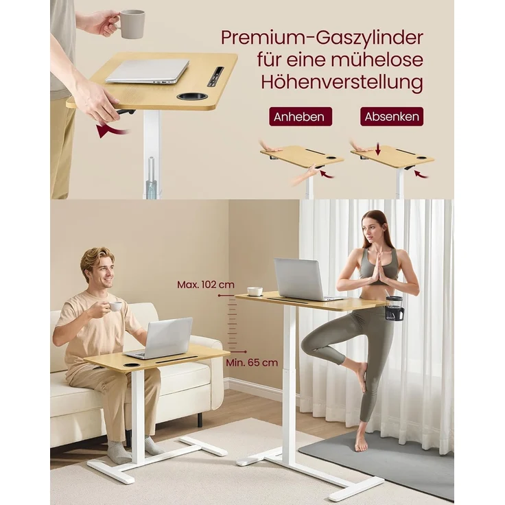 VASAGLE Beistelltisch mit Rollen, mobiler Stehtisch, 80x45 cm große Tischplatte, verstellbare Höhe, 2 Getränkehalter, Schlitz für Handy oder Tablet, goldeichenfarben LSD601YA01 – Bild 4
