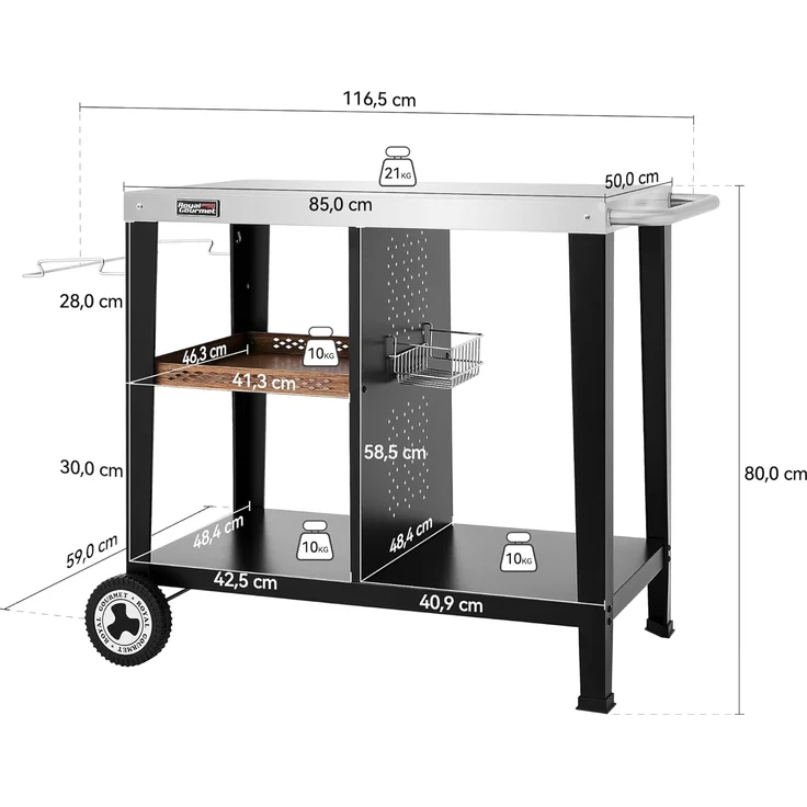 Royal Gourmet Grillablagetisch Grilltisch mit 85x50 cm Edelstahlplatte, 3-Etage Grillwagen, Mobiler Mehrzweck-Küchenwagen – Bild 3