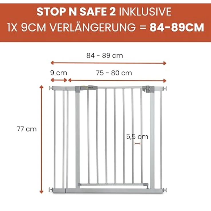 Hauck Stop'n Safe 2 Treppengitter, inkl. 9 cm Verlängerung, 84-89 cm, ohne Bohren, erweiterbar mit Verlängerungen von 9 cm und 21 cm, kombinierbar mit Y-Spindeln, beidseitig schwenkbar, silber – Bild 3