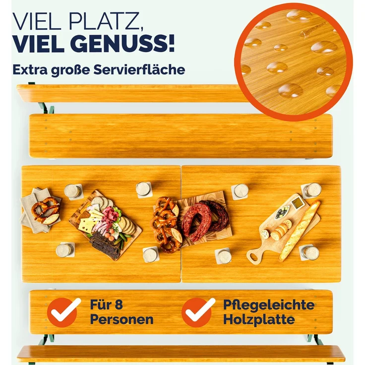 Casaria Bierzeltgarnitur mit Rückenlehne, 3-teilig, klappbar, Holz natur / Stahl grün, 170 x 70 x 75 cm – Bild 6